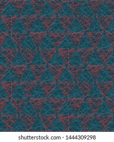 Christmas geometric triangle grid seamless pattern. Hand drawn textured vector background. Festive xmas scrapbooking paper, yule all over print. Red green holidays stationery illustration backdrop