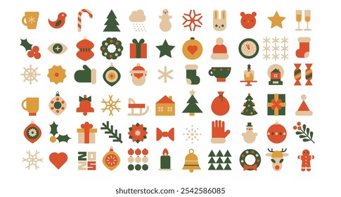 Navidades geométricas Conjunto de iconos de invierno. Caras lindas de Santa, ciervos, osos y muñecos de nieve, Elementos y gráficos minimalistas tradicionales del Año Nuevo. Mosaico de arte moderno. Ilustración vectorial