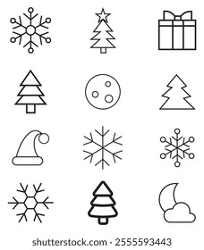 Christmas geometric Winter icons set. Christmas trees, balls, gifts, snowflakes, stars. Happy new year banner. Mosaic modern art. Silhouette geometric minimalist elements. Vector illustration