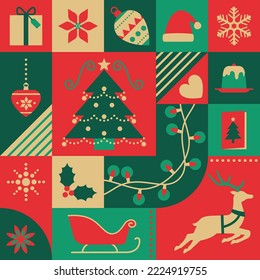 Christmas geometrical background with festive icons, seamless pattern