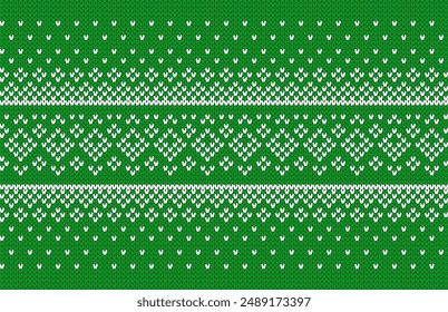 Navidades de textura geométrica de punto con copos de nieve. Adorno de Navidad. Borde de adorno de fondo verde de Festiva. Suéter festivo. Patrón sin costuras de punto. Estampado tradicional de Fair Isle. Ilustración vectorial