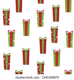 Christmas geometrical seamless pattern in classic red and green colors. Winter illustration with gifts. Wrapping, card, sale banner, brochure texture. Vector illustration.