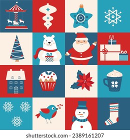 Geometría de Navidad sin fisuras en azul, rojo, blanco para el diseño de fondo, tela, textil, envoltura, superficie, web e impresión. Patrón cuadrado. Conjunto de iconos. Ilustración vectorial. 