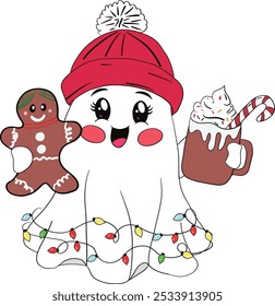 Christmas ghost coffee and gingerbread. Art and Illustration