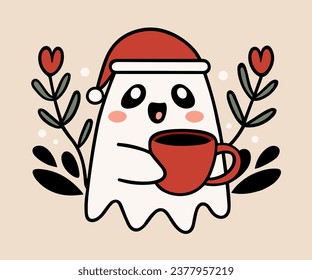 Christmas ghost drinking coffee illustration. Sheet ghost wearing a Santa hat and holding a mug. Holiday season aesthetic cute flat design. Minimalist vector illustration for print products.