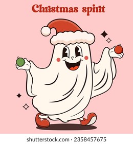 Fantasma navideño usando sombrero santa claus. Ilustración del vector retro Groovy.