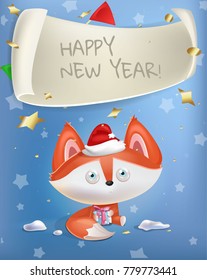 Christmas gif card with cute fox. Cartoon fox with gift and christmas hat. Comic animal character. Gift vector card. Orange fox.