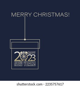Regalo de Navidad. 2023. El reloj golpea 12. Feliz Año Nuevo. Diseño de una postal, afiche de estilo minimalista 