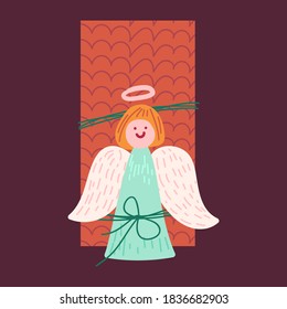 Christmas gift with angel flat vector illustration. New year package top view