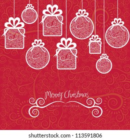 Christmas gift with arabesques and christmas balls hanging on, vector illustration