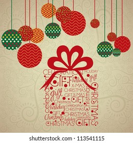 Christmas gift with arabesques and christmas balls, vector illustration