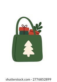 christmas gift bag full of presents isolated on white background