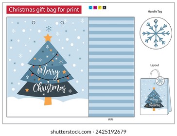 Bolso del regalo de Navidad para la impresión con el corte y la manija de la etiqueta, árbol de Navidad con el color azul