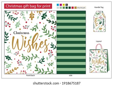 Christmas gift bag for print with die line and tag handle, Christmas Wishes and holly leaf gift bag design