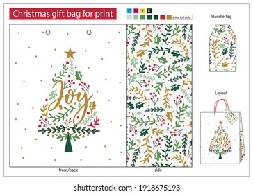 Christmas gift bag for print with die line and tag handle, Christmas Tree gift bag design