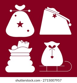 Saco de presente de Natal Conjunto de ícones sólidos - Vetor festivo de Santa Sack, presentes e decorações de férias para celebração alegre de inverno