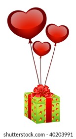 christmas gift with balloons in form hearts on a white background