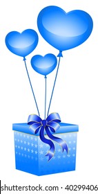christmas gift with balloons in form hearts on a white background