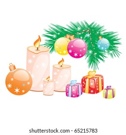 Christmas gift, balls candles, and pine vector