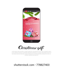 Christmas Gift Banner Cell Smart Phone With New Year Decoration Holiday Sales On Electronics Poster Vector Illustration