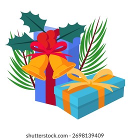 Weihnachtsgeschenk mit Glocke und Weihnachtsblätter Vektorgrafik