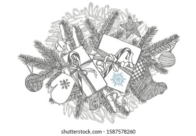 Christmas Gift, Bells and Boot. Hand drawn illustration. New year and Christmas design elements. Greeting card invitation with xmas graphic. Vintage illustration.