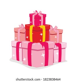 Christmas gift. Birthday gift.Pink gift.  Perfect for greeting cards, party invitations, posters, stickers, pin, scrapbooking, icons. Vector illustration