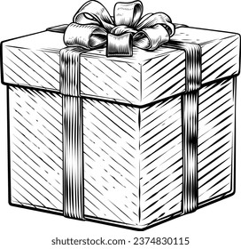 Christmas gift or birthday present in a box. Wrapped in wrapping paper with ribbon bow in a hand drawn vintage woodcut illustration etching style.