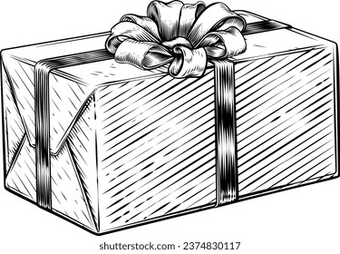 Christmas gift or birthday present in a box. Wrapped in wrapping paper with ribbon bow in a hand drawn vintage woodcut illustration etching style.