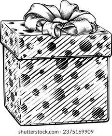 Christmas gift or birthday present in a box. Wrapped in wrapping paper with ribbon bow in a hand drawn vintage woodcut illustration etching style.