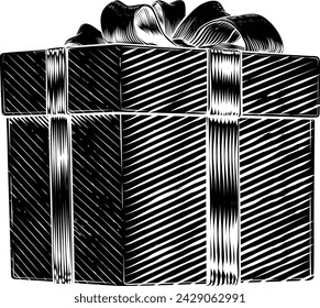 Christmas gift or birthday present in a box. Wrapped in wrapping paper with ribbon bow in a hand drawn vintage woodcut illustration etching style.