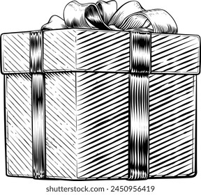 Christmas gift or birthday present in a box. Wrapped in wrapping paper with ribbon bow in a hand drawn vintage woodcut illustration etching style.
