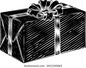 Christmas gift or birthday present in a box. Wrapped in wrapping paper with ribbon bow in a hand drawn vintage woodcut illustration etching style.