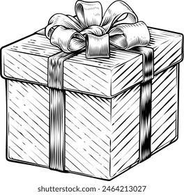 Christmas gift or birthday present in a box. Wrapped in wrapping paper with ribbon bow in a hand drawn vintage woodcut illustration etching style.