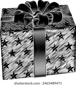 Christmas gift or birthday present in a box. Wrapped in wrapping paper with ribbon bow in a hand drawn vintage woodcut illustration etching style.