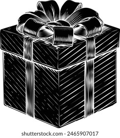 Christmas gift or birthday present in a box. Wrapped in wrapping paper with ribbon bow in a hand drawn vintage woodcut illustration etching style.