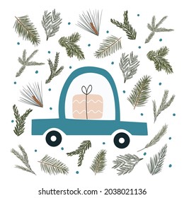Weihnachtsgeschenk im blauen Auto. Vektorgrafik im kindischen Stil auf dem Hintergrund von Nadelbäumen für Design-Karte, Einladung