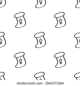 Christmas gift boot seamless doodle pattern. Black outline on a white background. New Year hand-drawn design for fabric, wrapping paper. Vector.