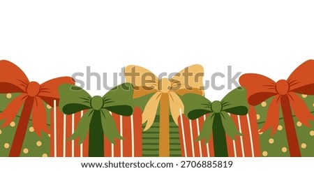 Christmas gift border with festive present boxes decorated with red, green and gold bows on a white background, suitable for holiday cards, headers, invitations, packaging and seasonal designs.
