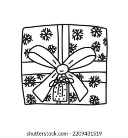 Christmas gift with bow vector sketch. Hand drawn Christmas present box with bow isolated.