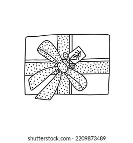 Christmas gift with bow vector sketch. Hand drawn Christmas present box with bow isolated.