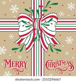 Christmas Gift Bows with Mistletoe, Snowflakes, and Merry Christmas Text. Natural Background- Christmas Isolated Vector Illustration