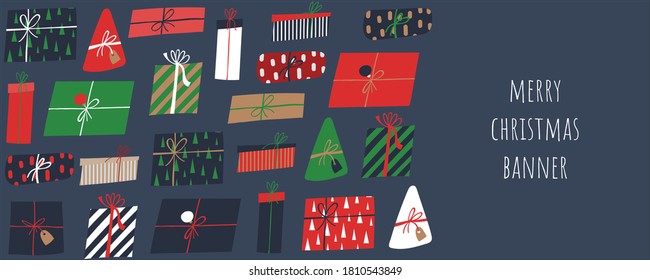 Christmas gift box banner. Winter xmas background for sale offer, flyer, coupon. Flat hand drawn wrapped decorated presents.