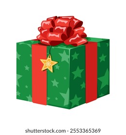 Christmas gift box with big bow and star tag