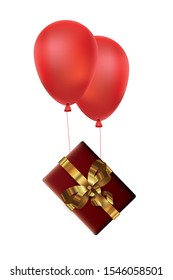 christmas gift box with bow and balloons helium vector illustration design