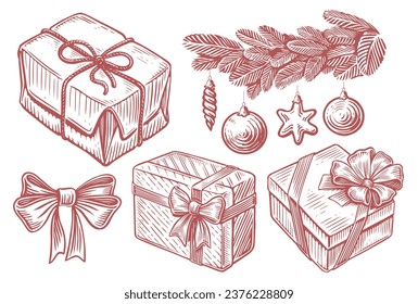 Christmas gift, box with bow, fir branch with decorations. Hand drawn vintage sketch vector illustration