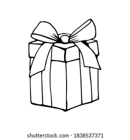 Caja de regalo de Navidad con arco. Presentar ilustración con cinta. Ilustración de material vectorial. Diseño para decoración de vacaciones, pegatinas, tarjetas de felicitación, textiles.