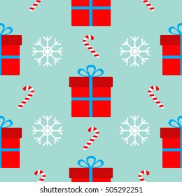 Christmas gift box with bow, snowflake red and white candy cane. Seamless Pattern Decoration. Wrapping paper, textile template. Blue background. Flat design. Vector illustration.