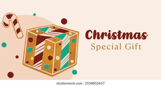 Christmas Gift Box and Candy Cane Stick Greeting Card Banner Warm Cookies Drawing Vector Illustration