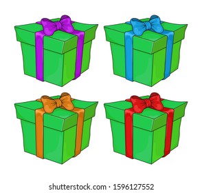 Christmas gift box cartoon element set. Green Cute xmas present tied with ribbon and bow. Vector illustration isolated on white background.
